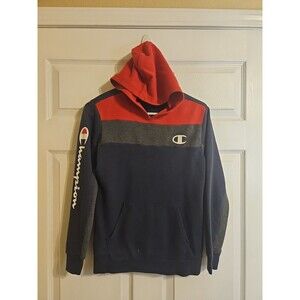 Champion Hoodie Boys Size L Large 14-16 Blue Red Colorblock Pullover Sweatshirt